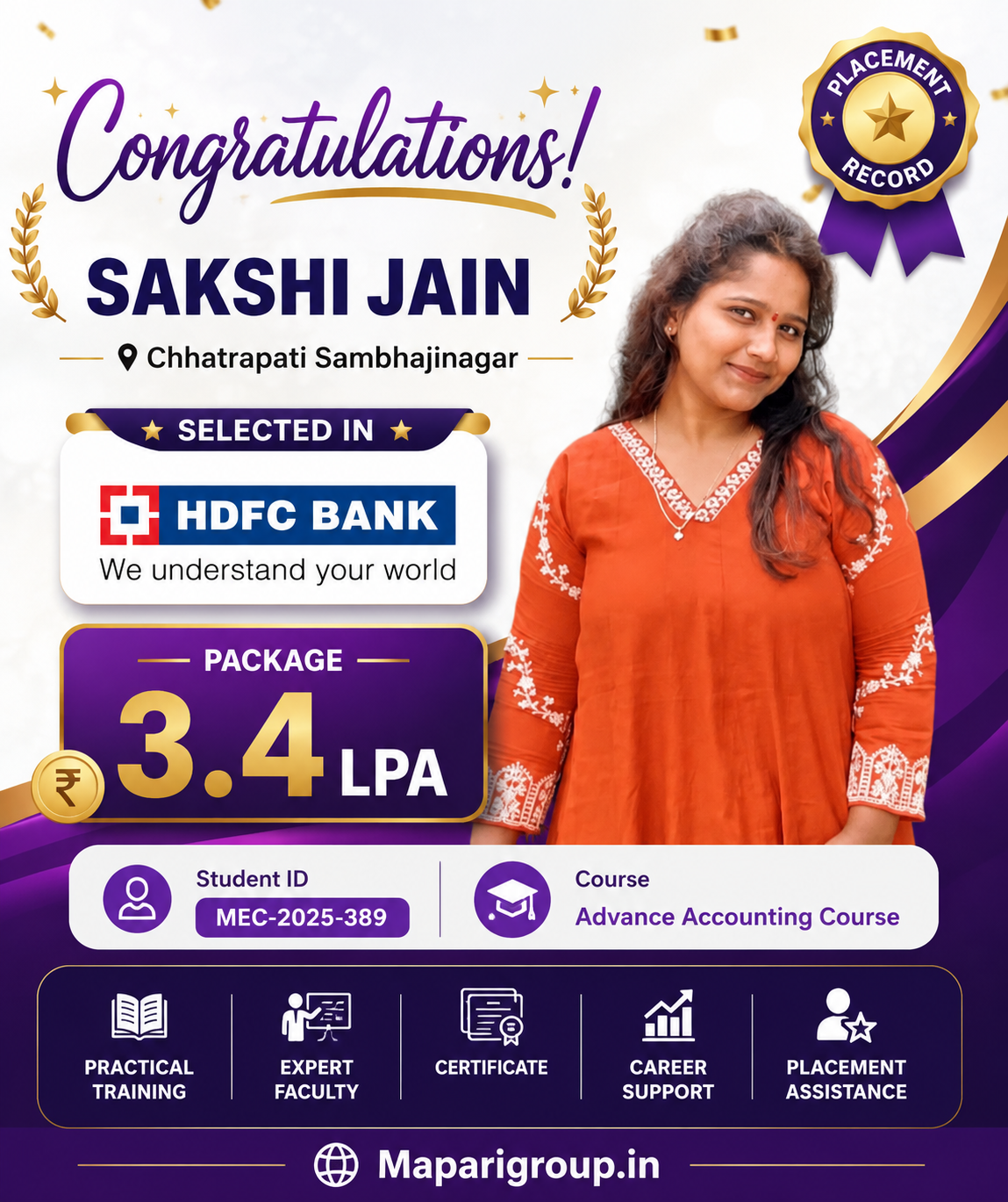 Sakshi Jain placement record at HDFC Bank