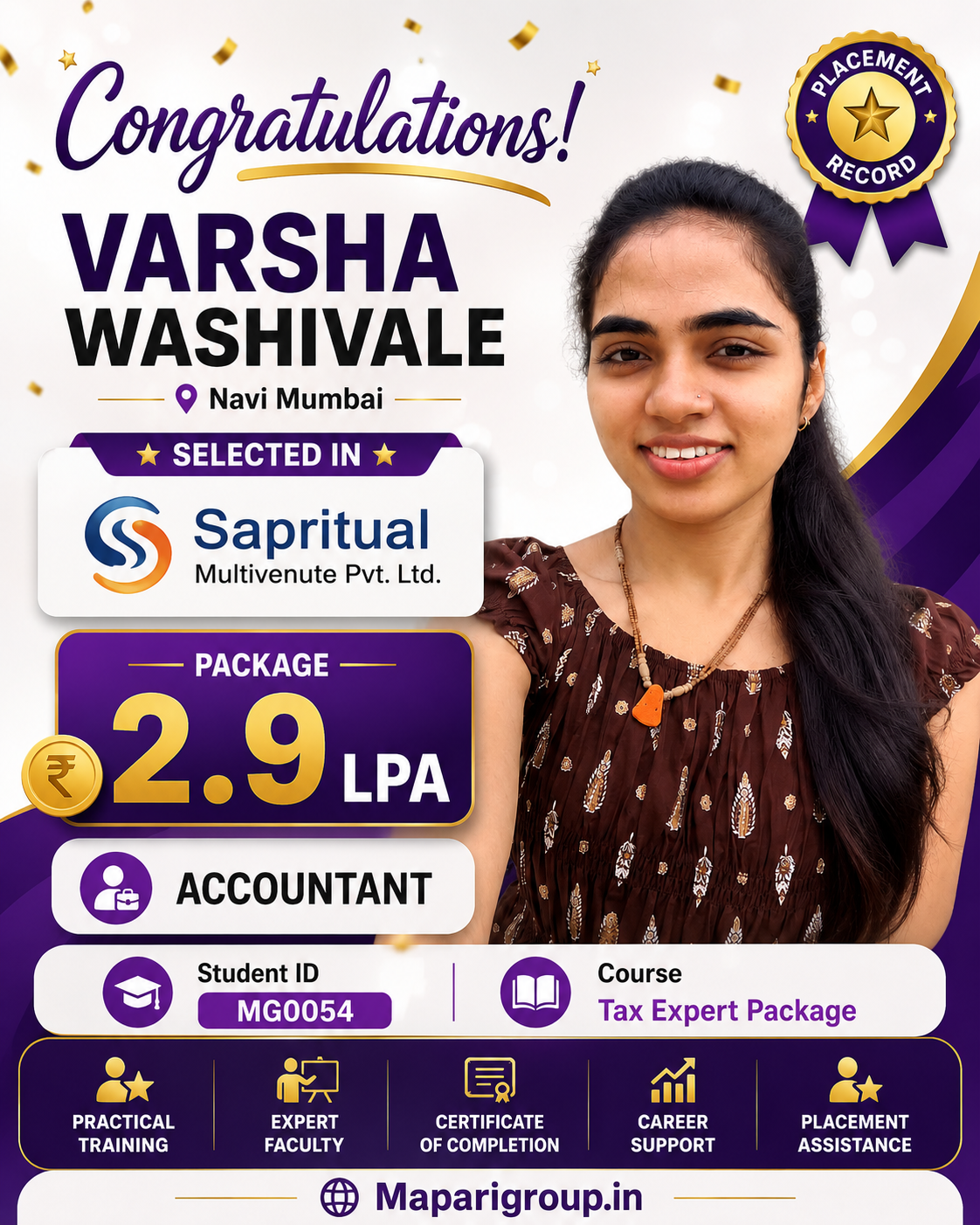 Varsha Washtivale placement record at Sapritual Multivenute